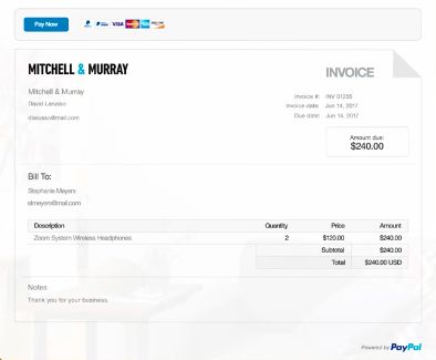 Capture d'écran de PayPal Voici un modèle de facture pour les petites entreprises.