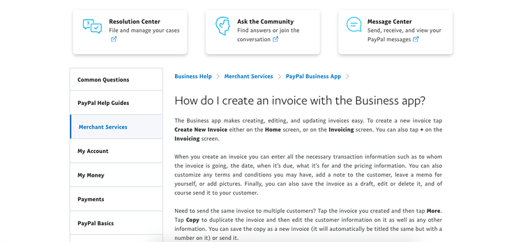 Une capture d'écran du centre d'assistance PayPal Voici le dépannage et les questions.