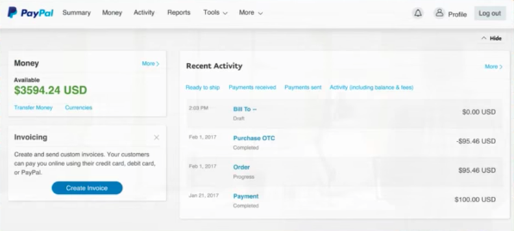 Capture d'écran de PayPal Voici le tableau de bord d'accueil pour les comptes professionnels.